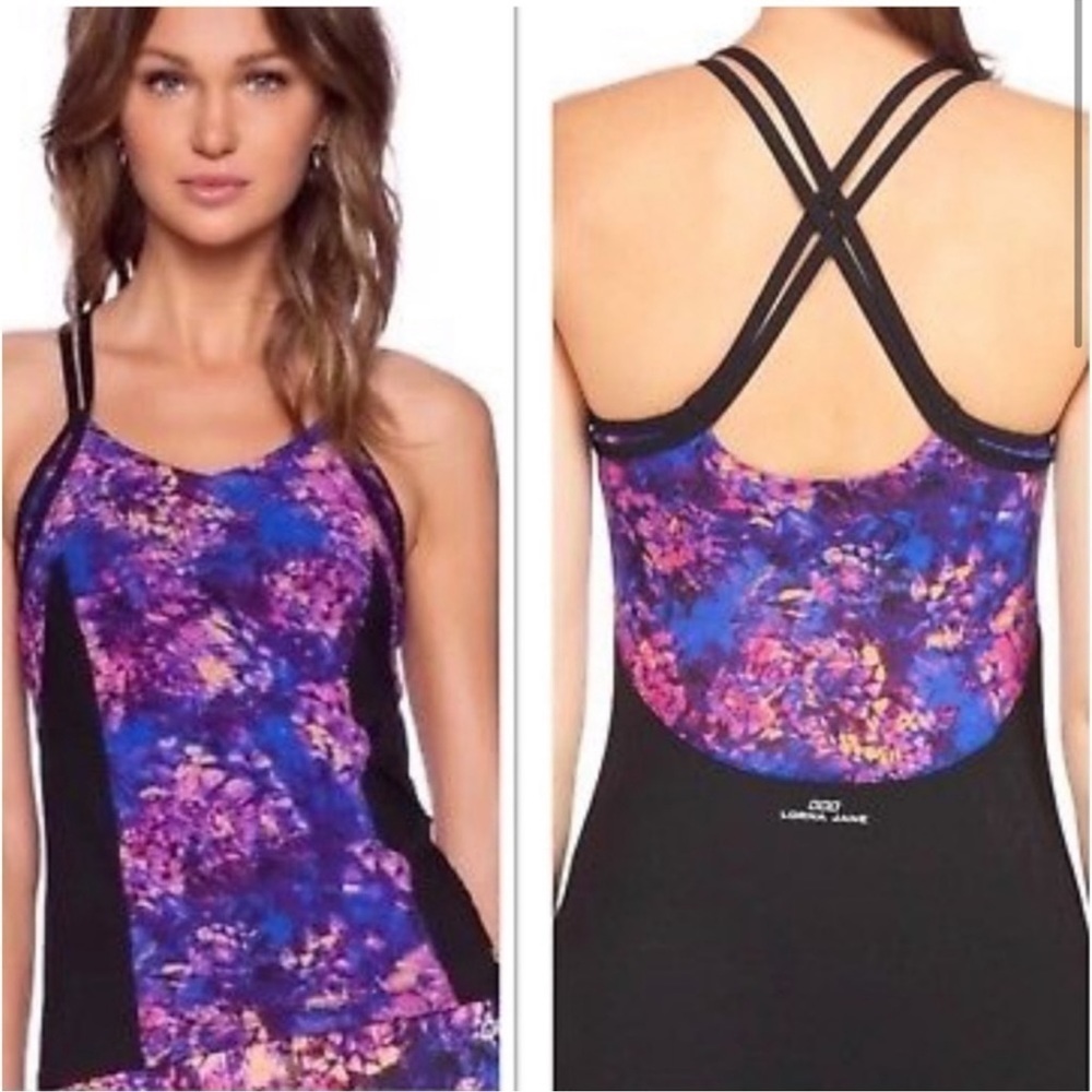 Lorna Jane Bold Blooms Excel Tank Gym Yoga medium Floral Purple Black Athletic